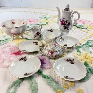 Vintage Miniature Porcelain Tea Set Pink Rose Gold Trim Teapot Sugar Creamer